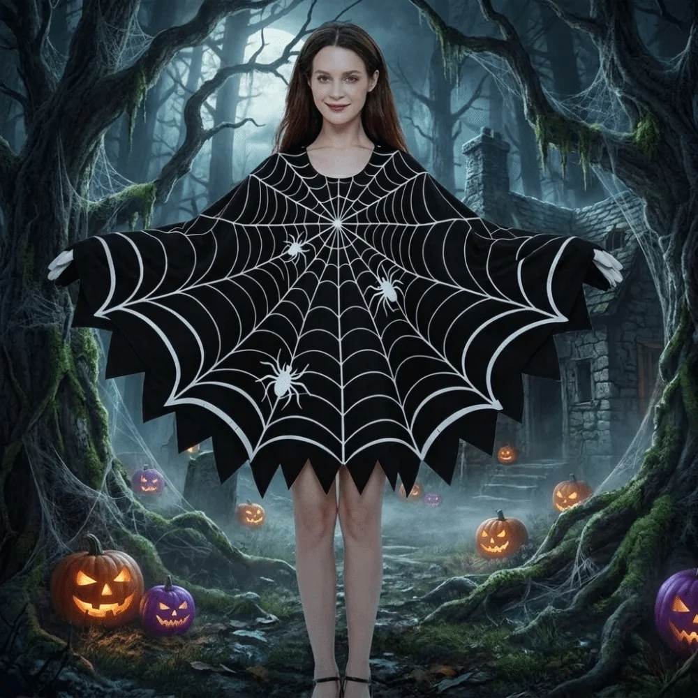 Multi-functional Scary Halloween Spider Web Cloak Creepy Black Shawl Poncho Cape Cosplay Outfit Stage Drama