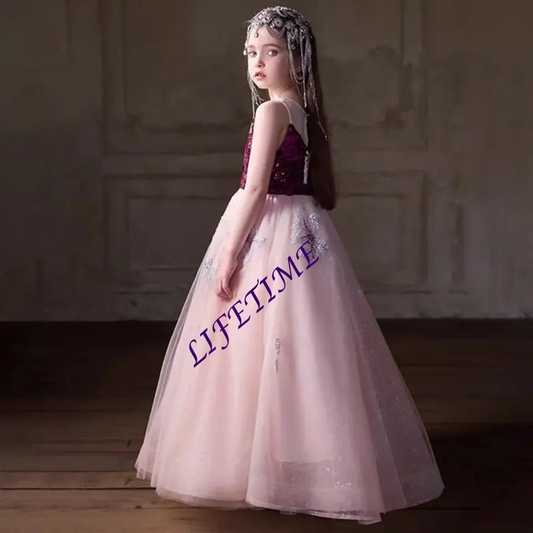 تخصيص أنيقة الدانتيل الوردي زهرة فتاة اللباس الأطفال كريستال للأطفال الأميرة الزفاف مسابقة عيد ميلاد حزب الحفلة الراقصة #2