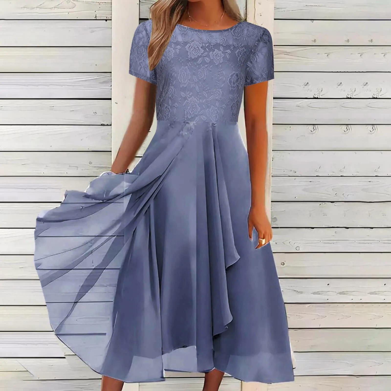 

New 2024 Women's Lace Dress for Party Elegant Bride Wedding Dress Plus Size Jewel Neck Knee Length Chiffon Lace Long Party Dress