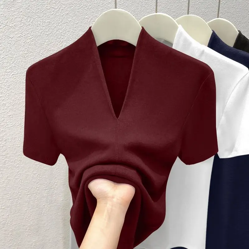 Summer 2025 NEW Sexy V Neck Slim T Shirt Women Cotton Elastic Basic Solid Female Casual Tops Short Sleeve Thin T-shirts