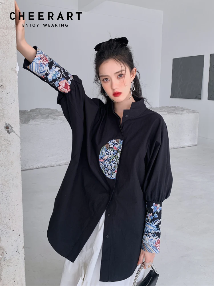 CHEERART Vintage Embroidered Shirts For Women Spring 2022 Fashion Cotton Black White Batwing Long Sleeve Designer Top