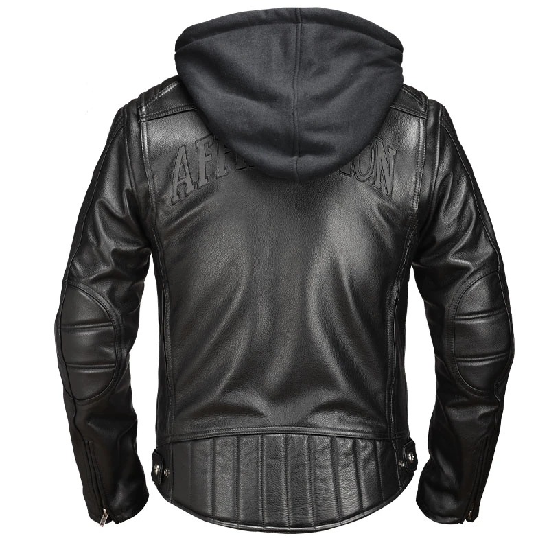 Black Hooded Winter Leather Jacket Men Sports Style Plus Size 4XL Genuine Natural Thick Cowhide Add Protection Device Coat