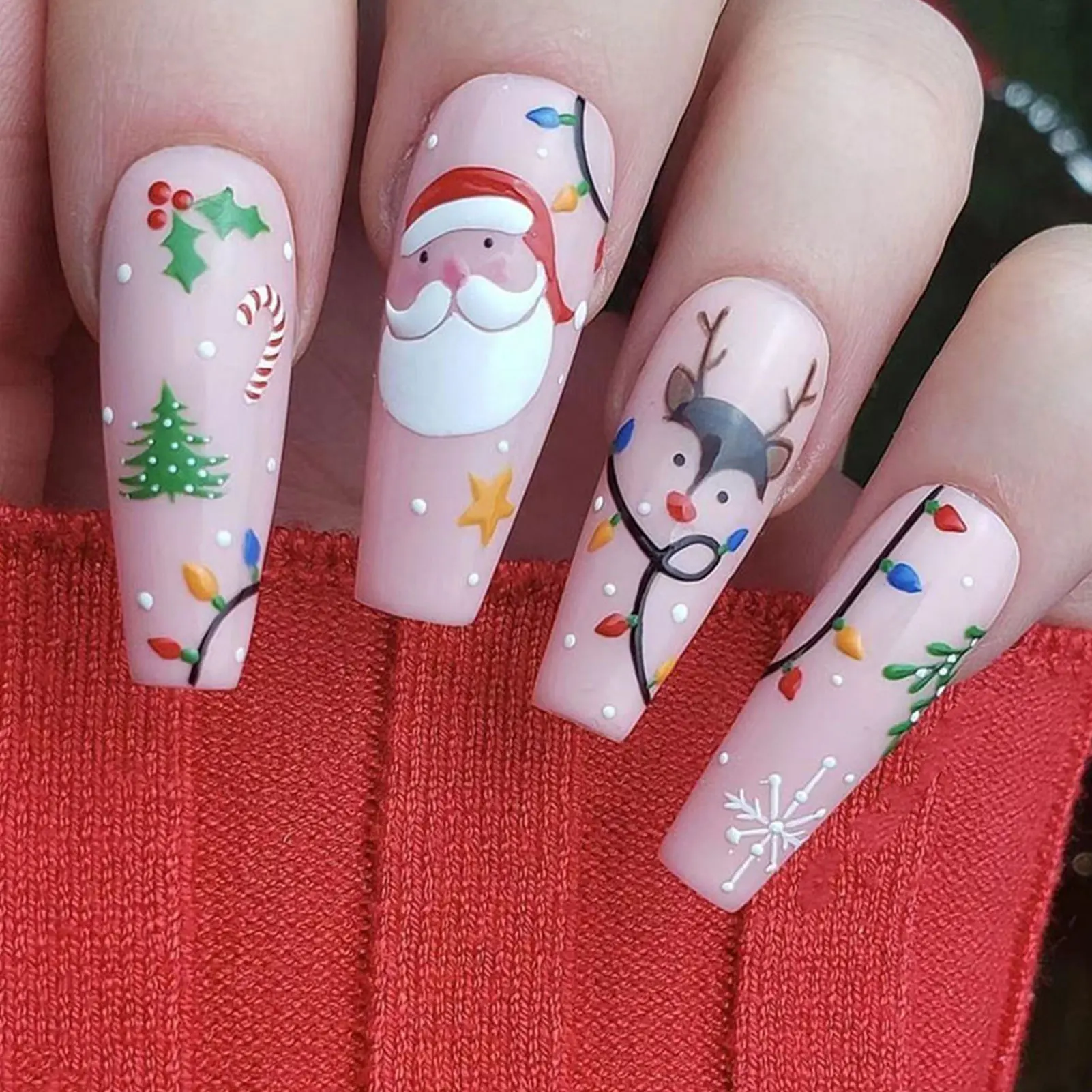 Cute Fake Nails with Father Christmas Elk Pattern Waterproof And Scratch-Resistant Fake Nails Safe for Pregnant Women to Use