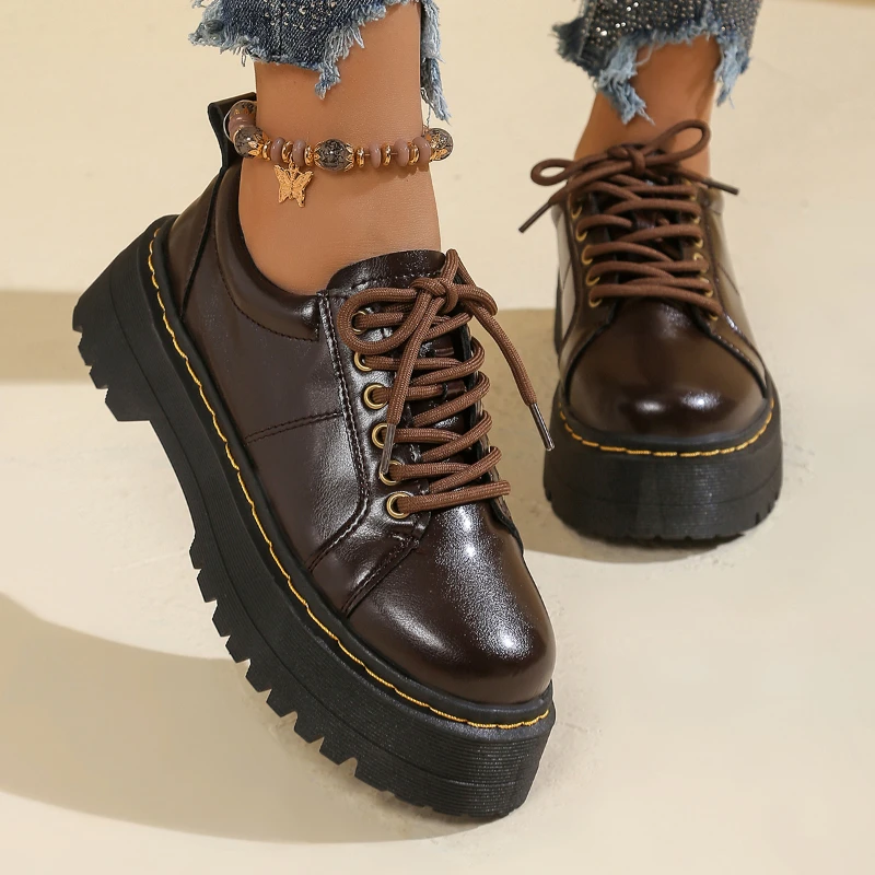 

Thick Bottom Women's Low Top Soft Leather Round Toe Casual Student Lolita Flat Shoes Women Platforms Zapatos De Mujer