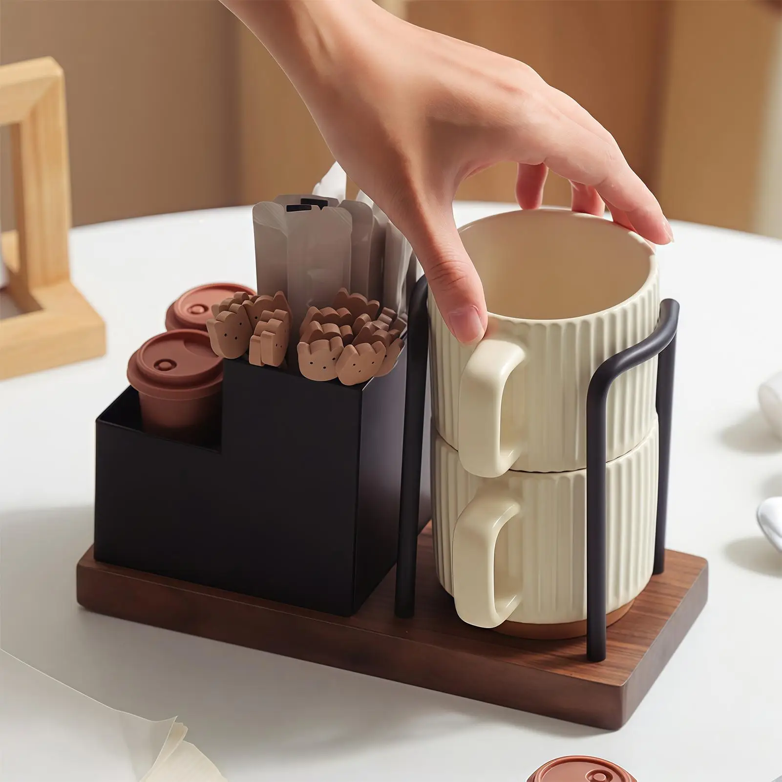 

Cup and Lid Holder with Wood Base Multifunctional paper cup storage Coffee Station Organizer for Countertop Restaurant Office