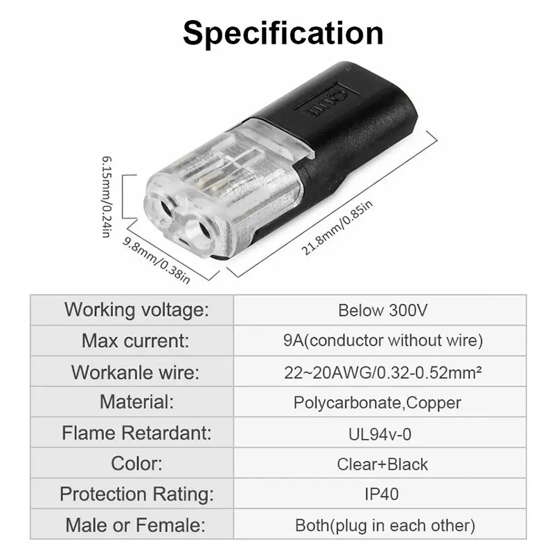 2pin Pluggable Wire Connector Quick Splice Electrical Cable Crimp Terminals for Wires Wiring 22-20AWG LED Car Connectors