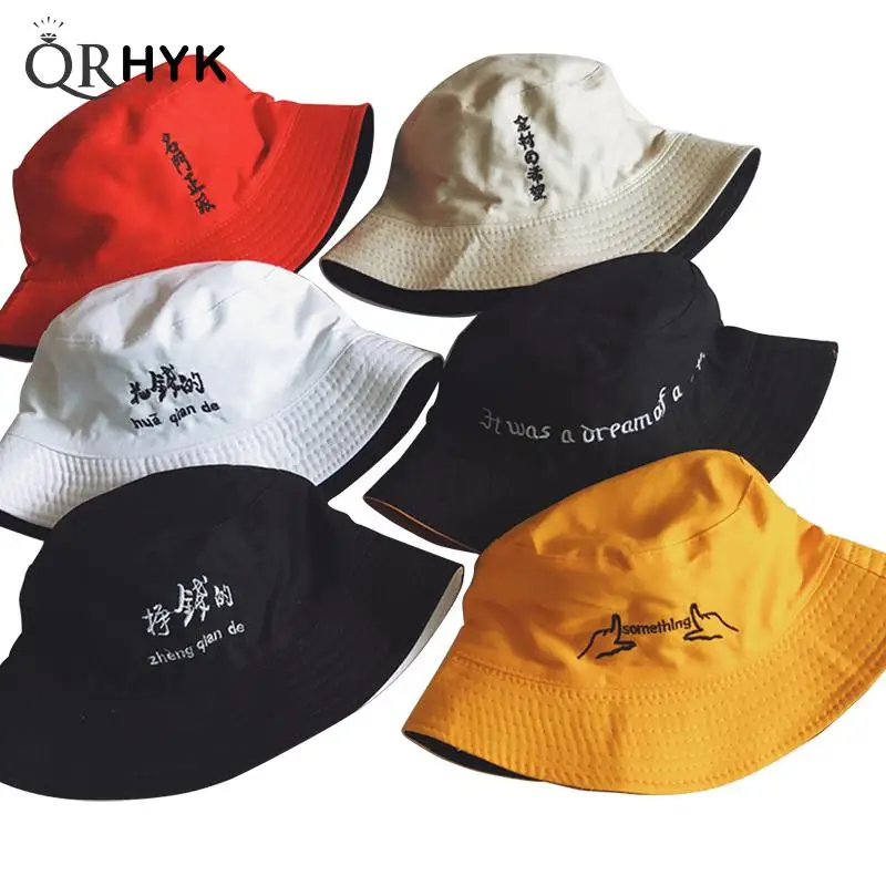 Double Sided Wear Finger Something Embroidery Panama Bucket Hat Men Women Summer Bucket Cap Hip Hop Hat Fisherman Hat