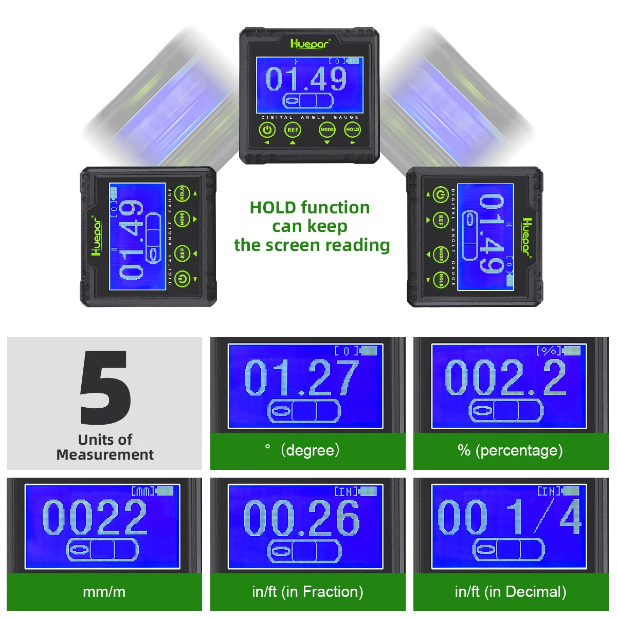 Imagem -02 - Medidor de Ângulo Digital Inclinômetro Lcd Eletrônico Bevel 360 ° Medição Transferidor Base Magnética e Alerta Sonoro Huepar-ag03