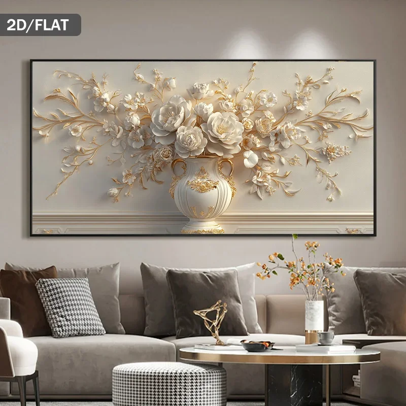 Frameless Canvas PaintingModern Abstract Floral Canvas Painting,Elegant White Flowers,Gorgeous Vase,Frameless Decor Poster Livin