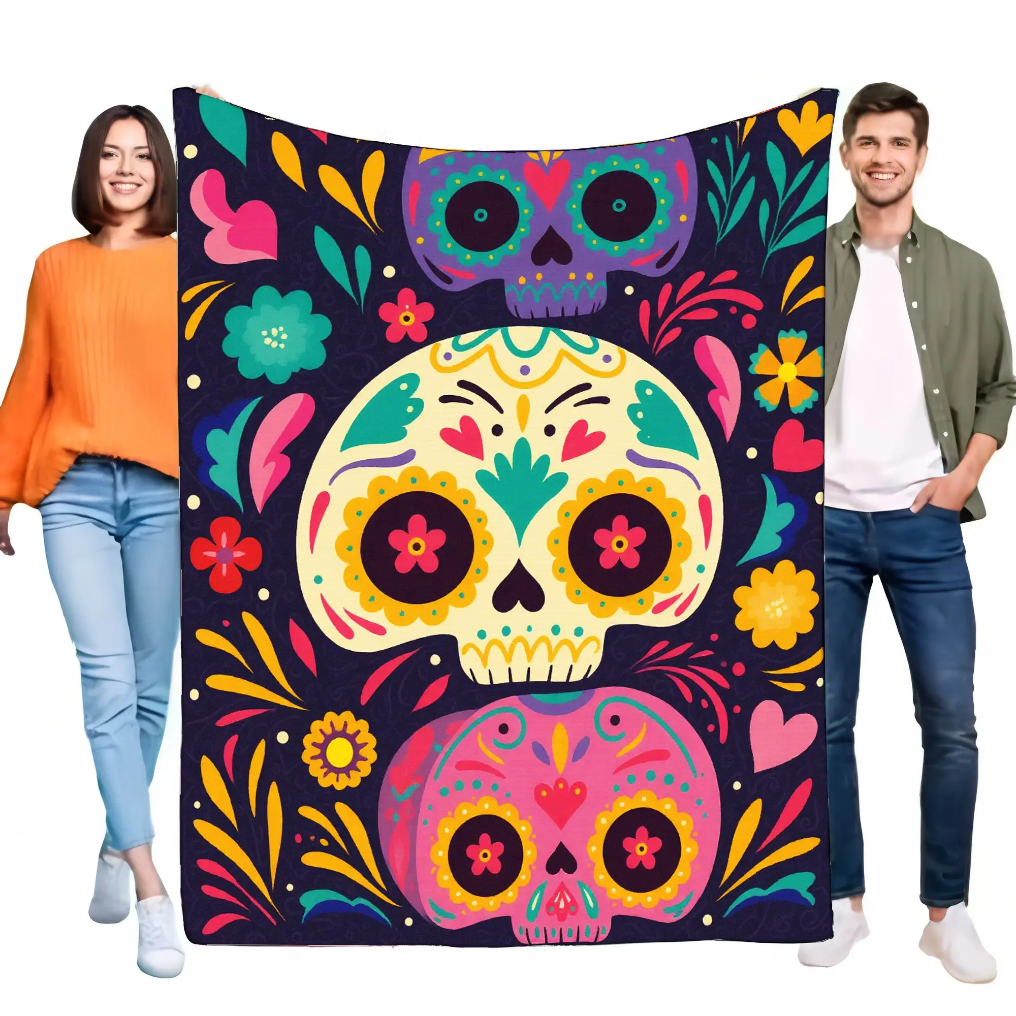 Colorful Sugar Skull Blanket Cozy Throw for Home Decor, Lightweight Decorative Cover for Sofa Bed, Ideal Halloween or Day of the