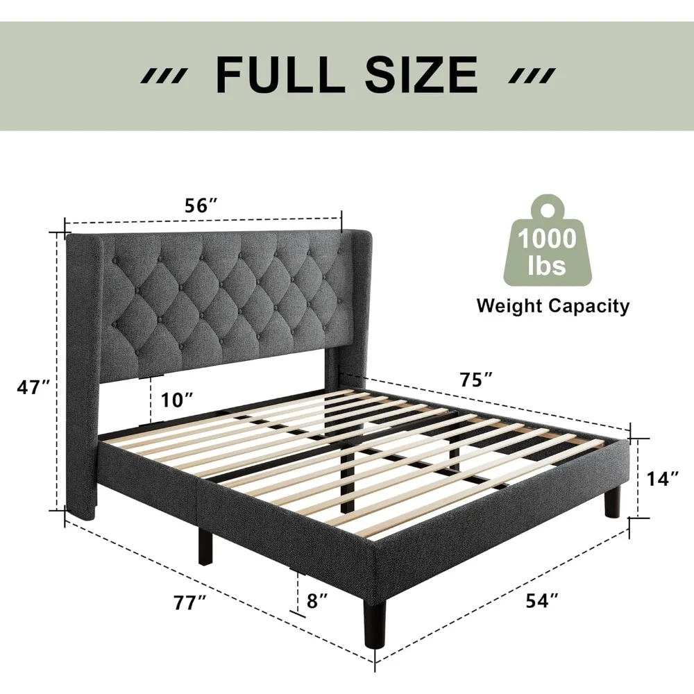 Bed Frame with Upholstered Headboard, Platform Bed and Heavy Wood Strip Support, Easy To Assemble, No Box Spring Required