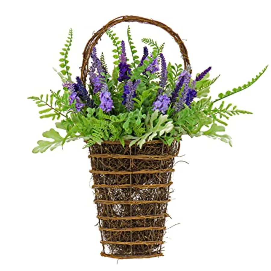 

Artificial Hanging Wall Basket Wicker Base Decorated with Astilbe Flowers Ferns Leafy Greens Spring Collection 20 Inches
