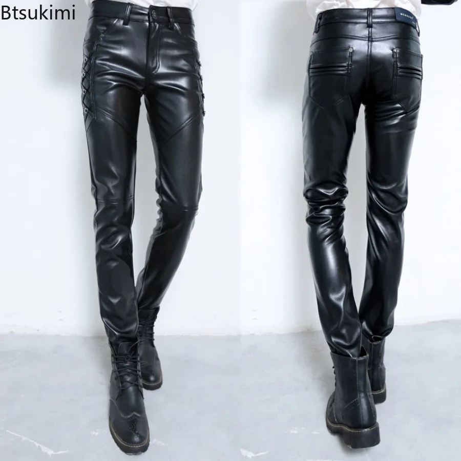 

Autumn Winter Men's Trendy PU Leather Pants Rock Style Nightclub Dance Pants Men Faux Leather Skinny Motorcycle Pants Streetwear