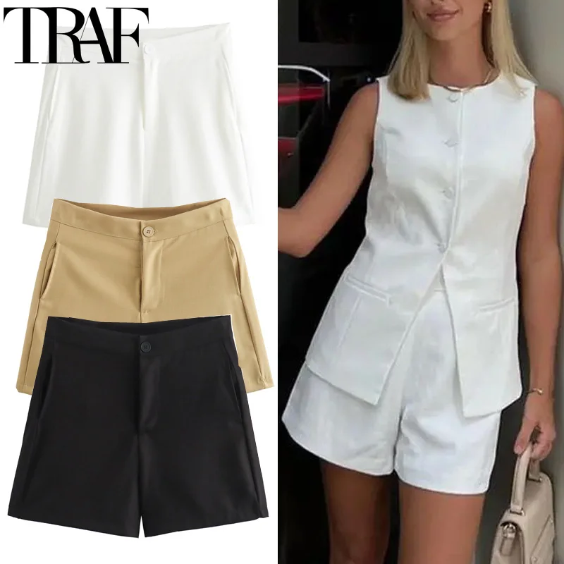 TRAF Suit Women's Shorts High Waist White Shorts For Women 2024 Summer Office Wear Baggy Black Shorts Casual Wide Short Pants