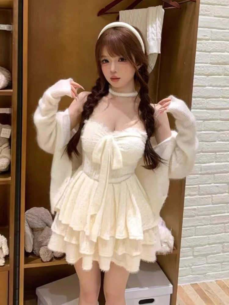 Winter Sweet Elegant Fashion 2 Piece Sets Women Vintage Cute Bow Design Coats + Mini Dress Japanese Casual Chic Lovely Outfits