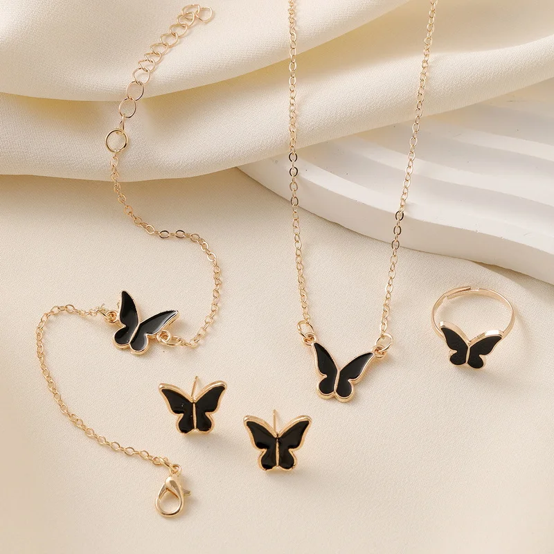 4Pcs Fashion Butterfly Necklace Stud Earring Ring Bracelet Set For Women Light Luxury Girls Party Wedding Engagement Jewelry