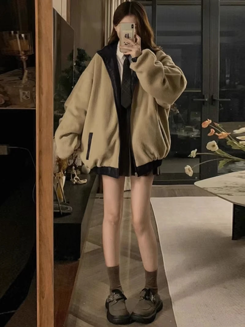Fashion PU Leather Jacket With Lambswool Coat Both Sides Female Y2K Winter New Velvet Locomotive Cotton-padded Jacket
