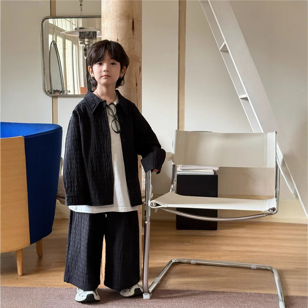 

2025 Spring New Boys' Korean Edition Fashion Loose Lazy Style Set Children's Shirt Coat Pants Two Piece Set