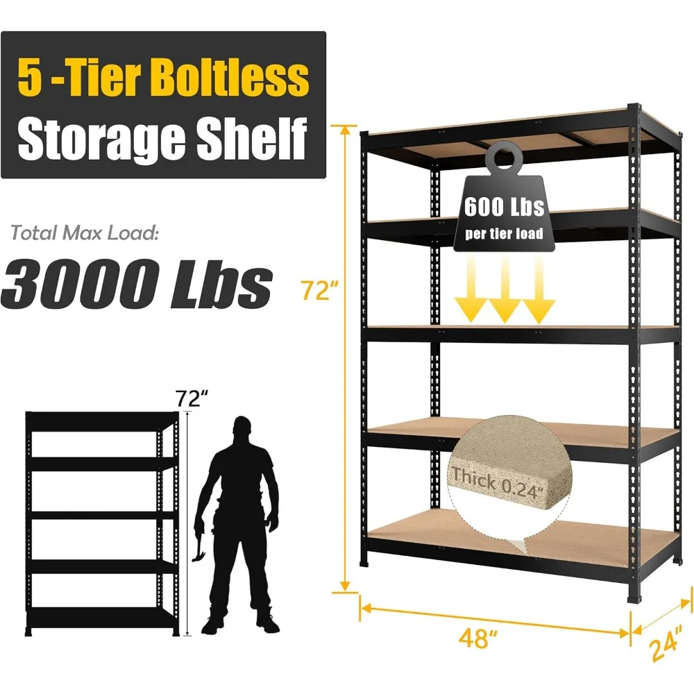 5 Tier Heavy Duty Adjustable Metal Garage Storage Shelving Rack - 48x24x72 Utility Shelf for Maximum Storage Space