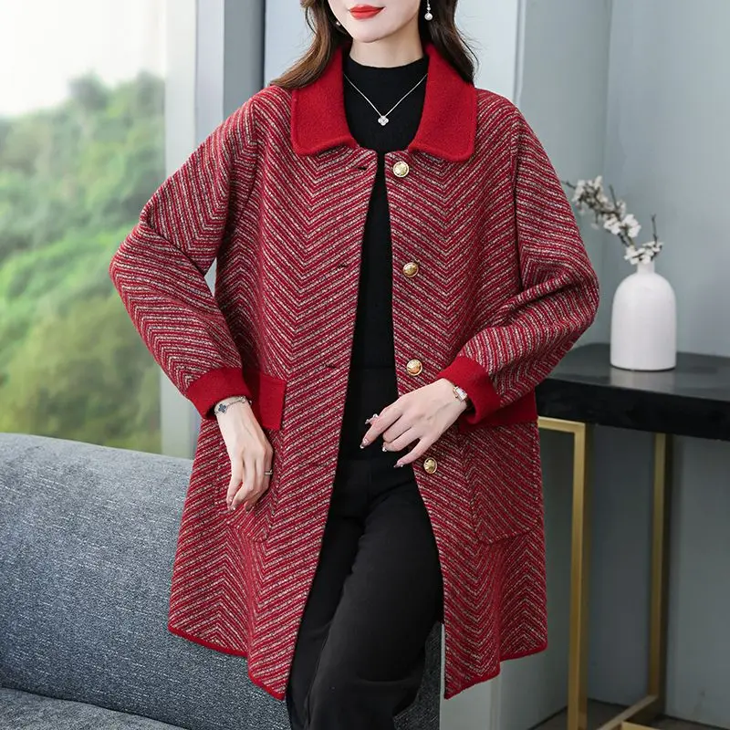 Reversible Cashmere Coat for Middle-Aged Women, Female, Mid-Length, Woolen Outwear, Casual, Large Size, 100.00kg, Wearable