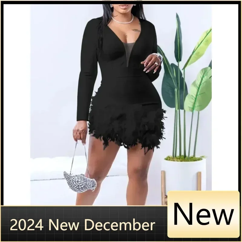 Women Deep V Neck Rompers Long Sleeves Feathers Playsuits 2025 New Summer Fashion Sexy Streetwear Elegant Skinny Clothing 2025