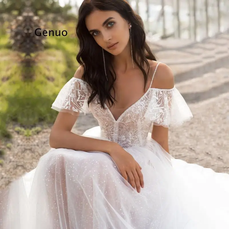 2022 Spring New Sexy Wedding Dress Lace Short Sleeve Sweetheart Lace Appliques A Line Sweep Train Bridal Gowns Big Size