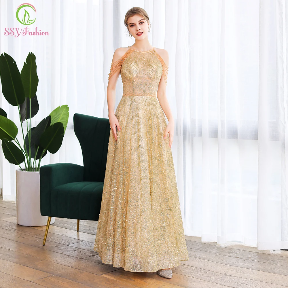 Clearance Sale Luxury Gold Evening Dress Sexy Halter Tassel Crystal Beading A-line Long Prom Formal Party Gowns Vestido De Noche