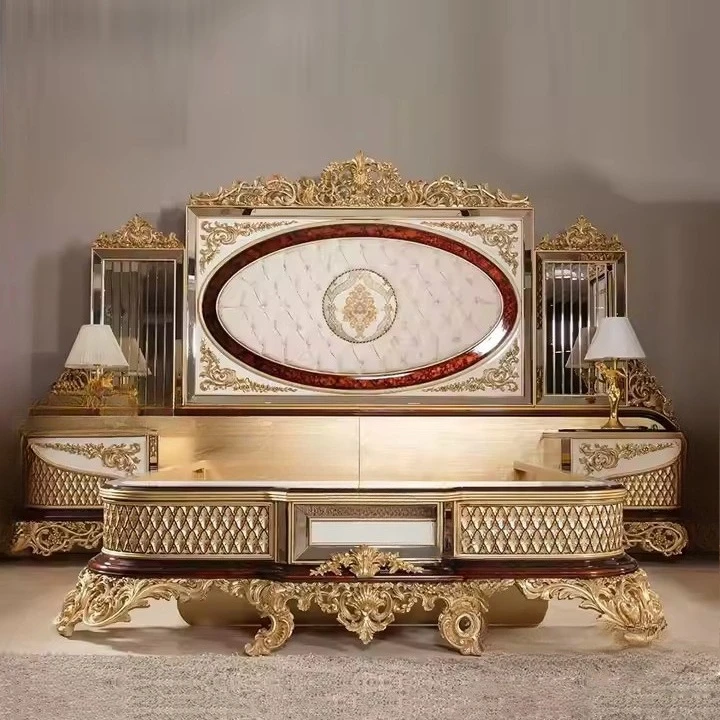 French fabric bed, solid wood carving flower European fabric double bed