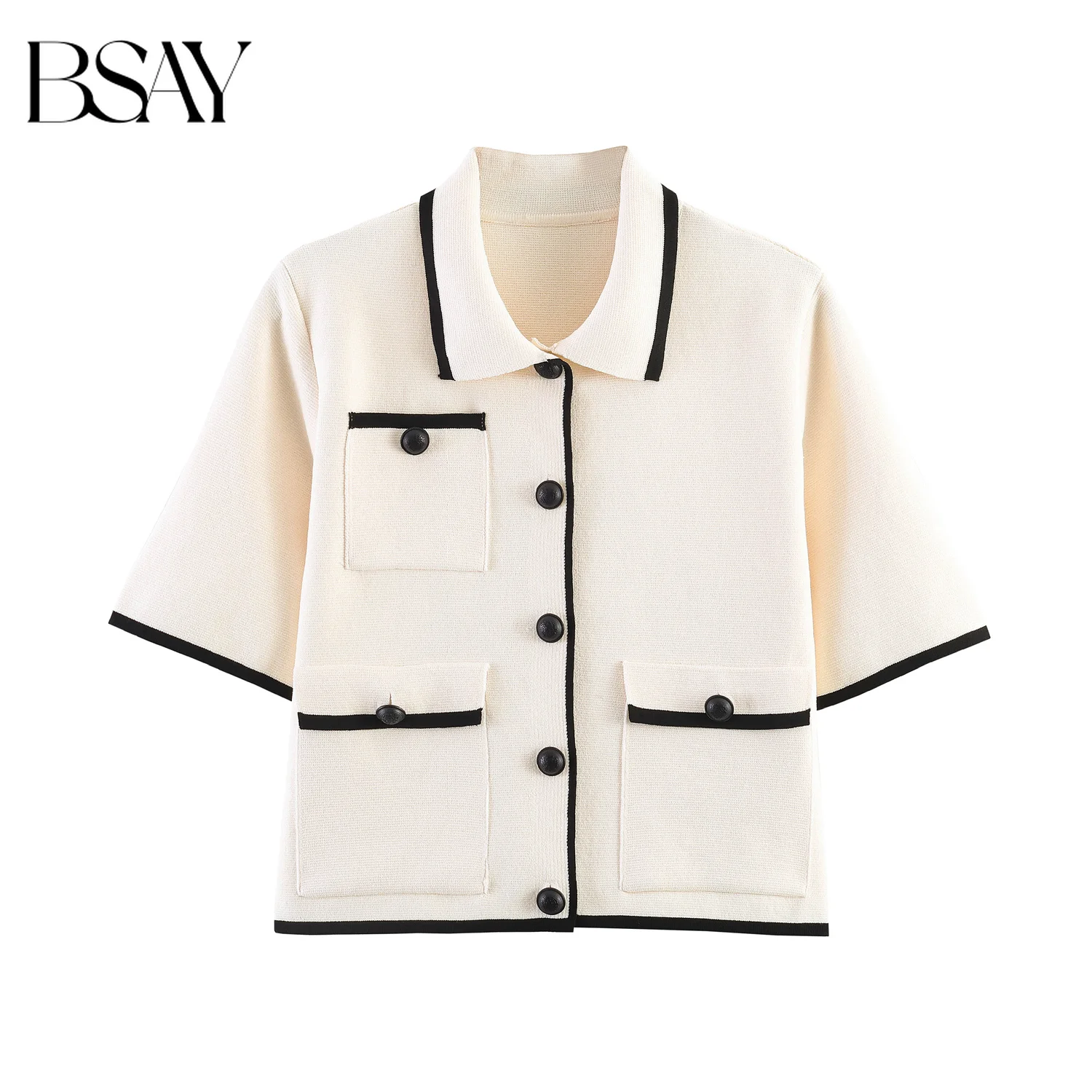 BSAY 2026 Summer New Women Classic Tweed Lapel Knit Cardigan Color Contrast Trim Short Sleeve Single Breasted Pocket Casual Top