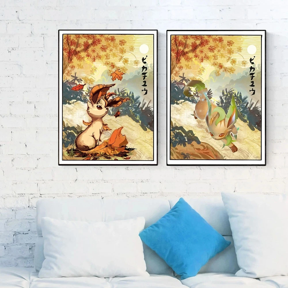Pokemon Leafeon Canvas Painting Japanese Style Eeveelutions Poster Retro Anime Wall Art Prints Living Room Decor