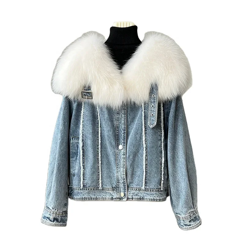 Women Girl Fox Fur Collar Warm Coat Lady Girl Goose Down Denim Jacket Winter Casual Parka Overcoat JT3189