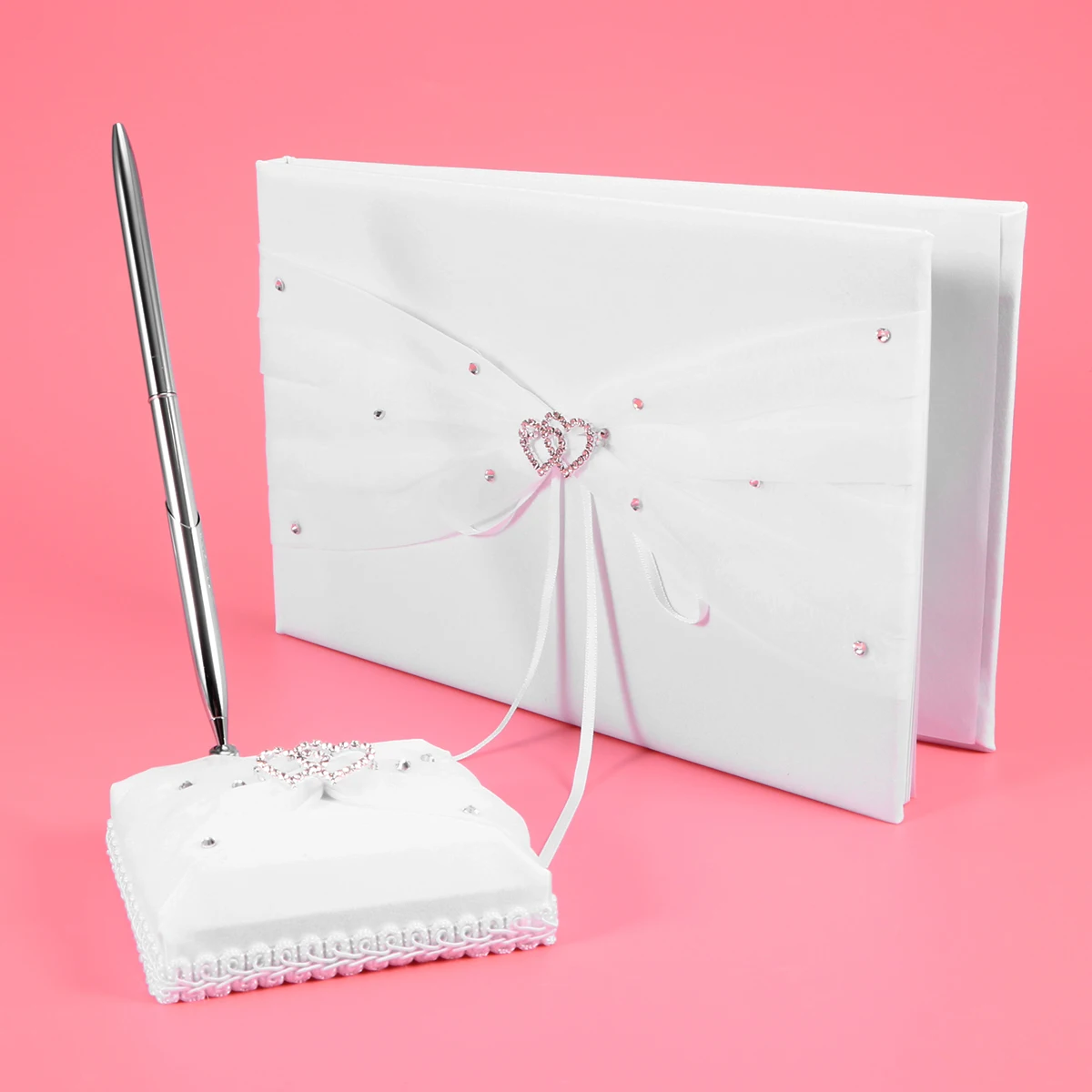 

White Satin Diamond Wedding Guestbook 70 Pages 27X16Cm Silver Pen Included Rhinestone Embellished Bridal Sign-In Book Wedding