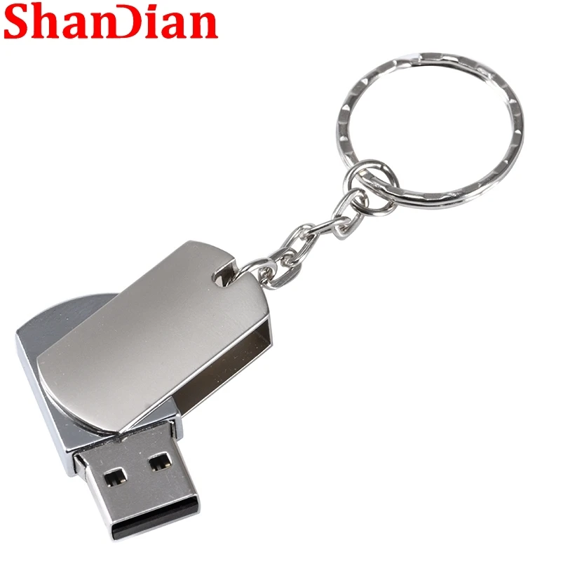 SHANDIAN USB Flash Drives 64GB High Speed Pen Drive Mini Metal with Key Chain Silver Rotatable Memory Stick Business Gift U Disk