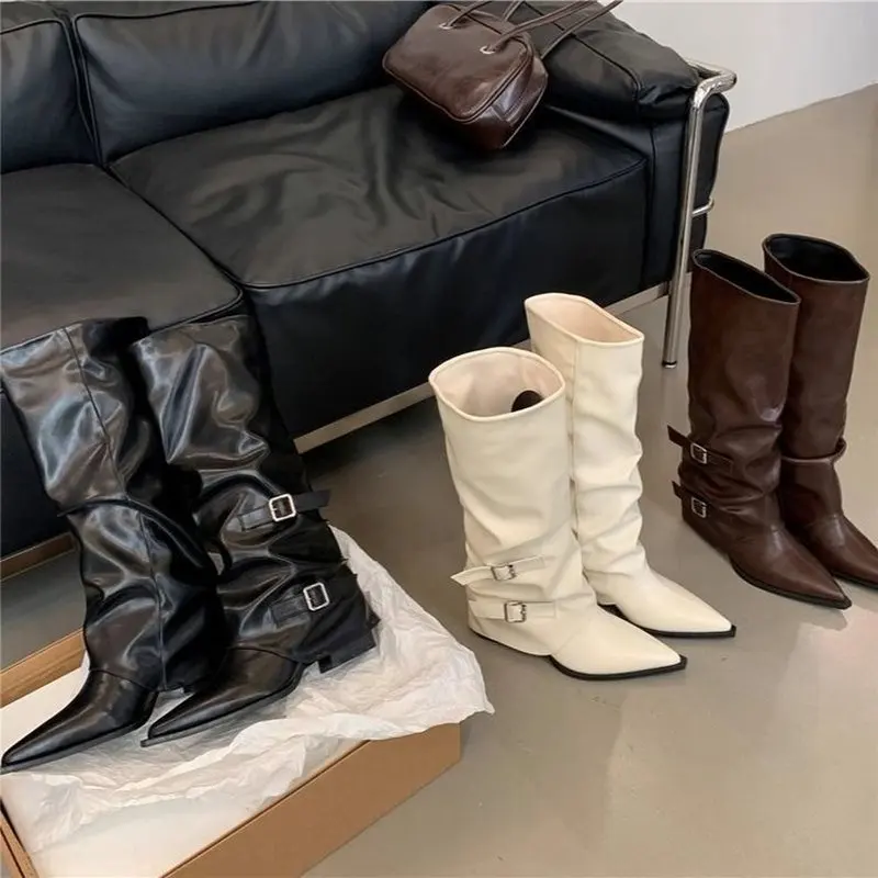 Women Slouchy Knee‑High Boots Pointed Toe Wedge Heel Booties Double Metal Buckle Pleated Stacked Winter Street Fashion Boots