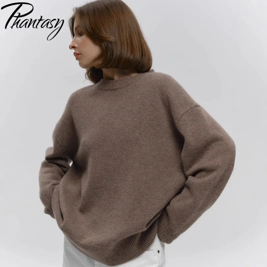 

Phantasy Women O-Neck Oversized Sweater Solid Color Knitted Pullover Thick Warm Loose Simple Casual Jumper Top Vintage Clothing