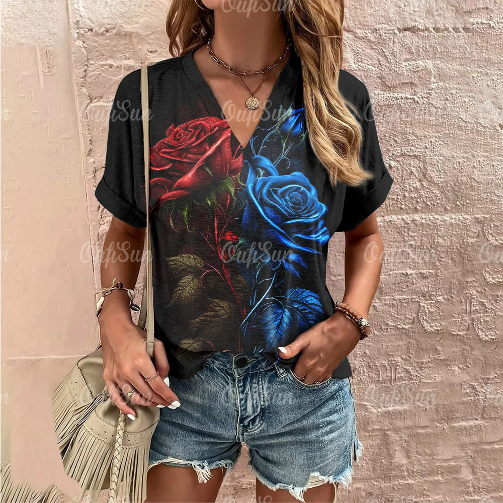 2024 New Women\'s T-Shirts Summer 3D Rose Print Fashion V-neck Short Sleeves Tee For Women Casual Oversized Tops Clothing