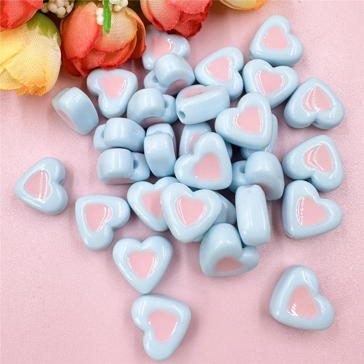 60pcs 14.4*12.9mm Acrylic Two Color Heart Beads For Bracelet Phone Chain Making DIY Jewelry Accessories Beaded Materials