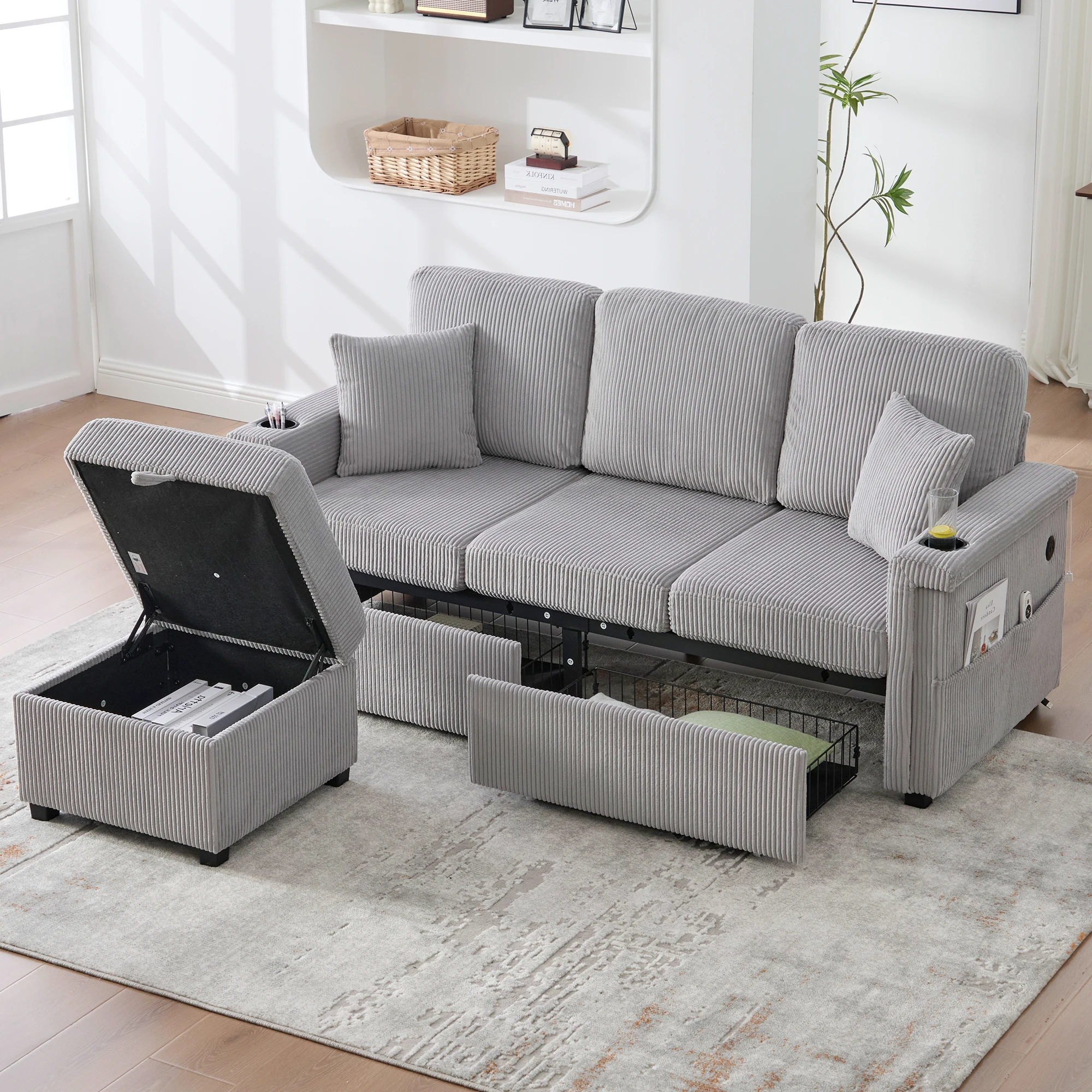 Sofá Modular de 3 Plazas con Luces LED USB y Portavasos en Terciopelo Acanalado Gris Claro 194 × 73 × 81 cm