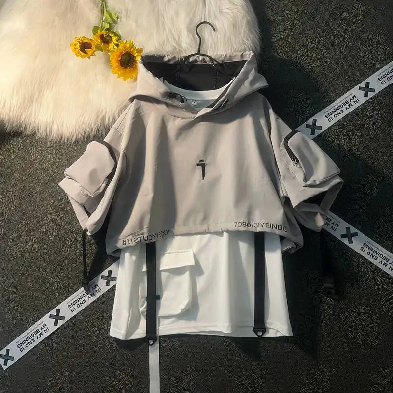 Unsiex Hooded T-shirt 2026 New Spring Summer Men's Cropped Coat Short Sleeve T Shirt Two Pieces Set Loose Couple Hooded Tops