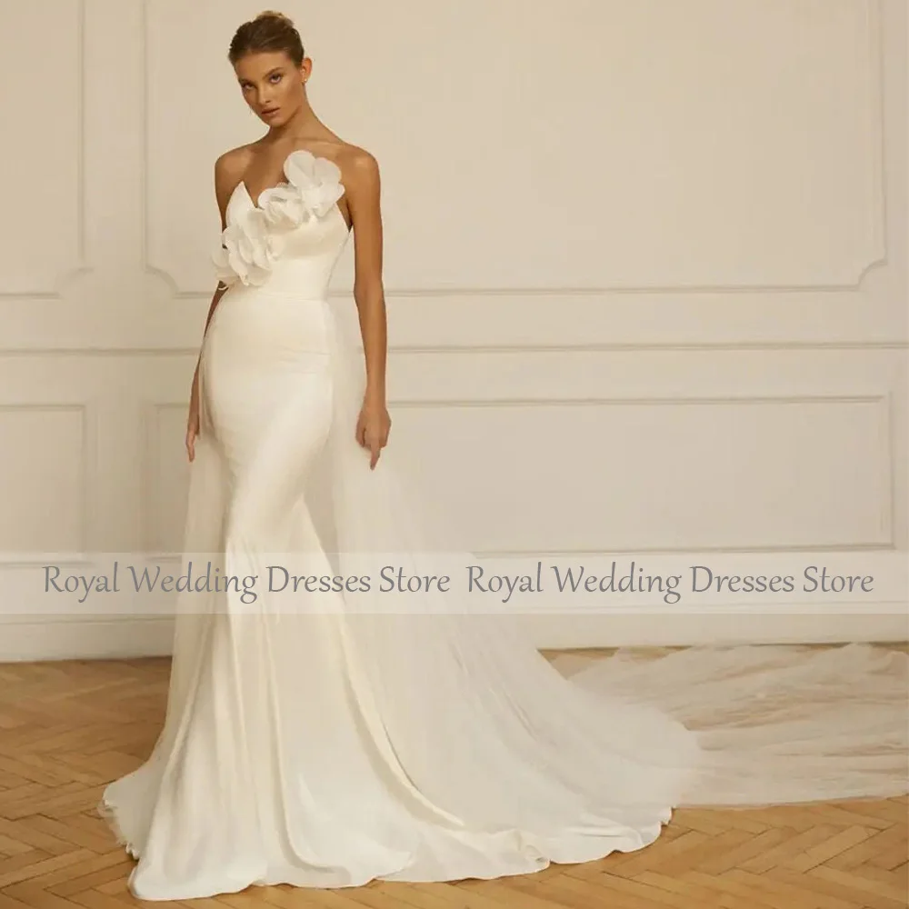 Simple Mermaid Wedding Dress with Detachable Train Flower Trumpet Gowns for Women 2023 Bride Ivory Satin Bridal Dresses