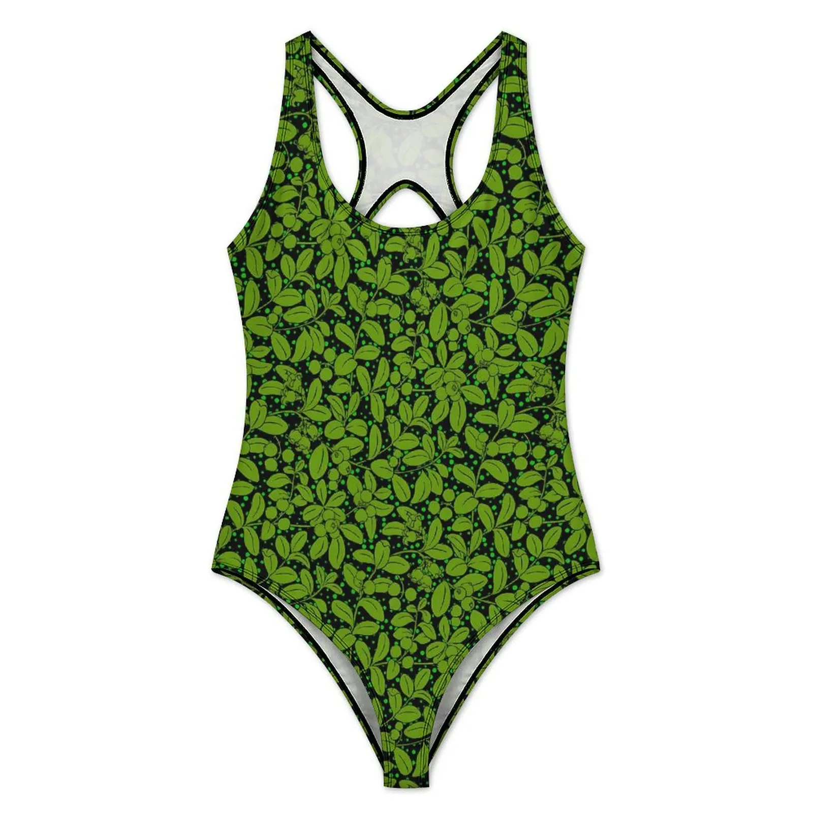 Plants Swimsuit Green Leaves Print One-Piece Swimwear Push Up Retro Bathing Suits Sexy Surfing Graphic Bodysuit