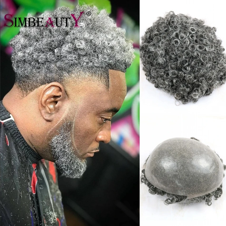 15mm Curly Gray Hair Wig for Black Men Super Thin Skin Vlooped Indian Human Hair Toupee Hairpiece Replacement 15mm Curly Hair