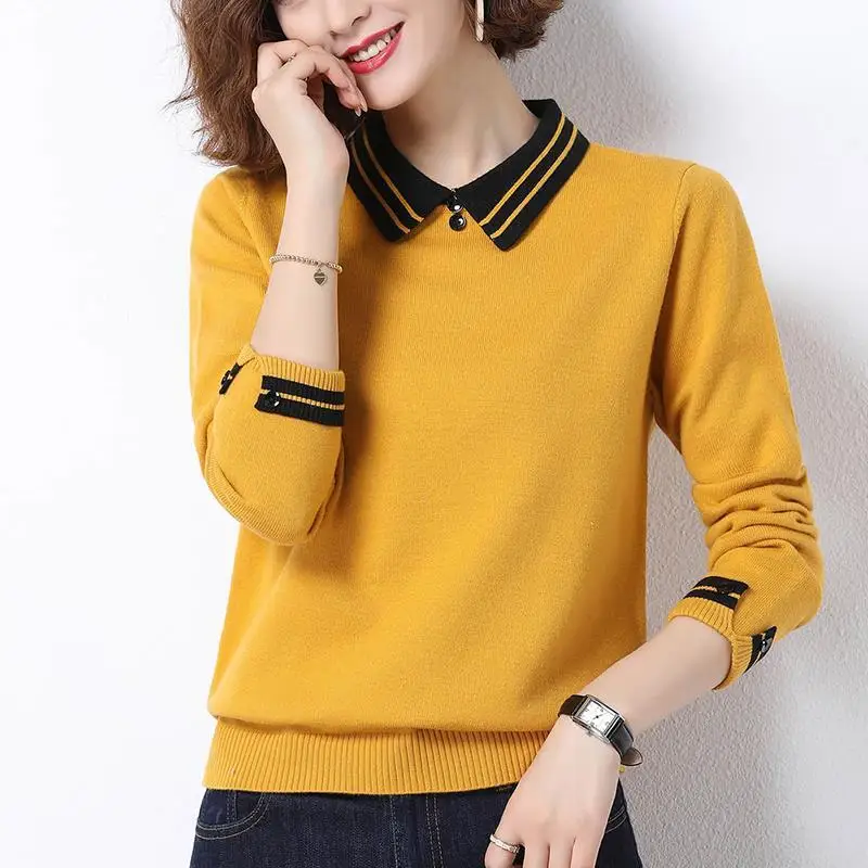 Korean Autumn Winter Peter Pan Collar Contrast Color Button Long Sleeve Sweater Knitted Casual Elegant Women\'s Clothing Tops