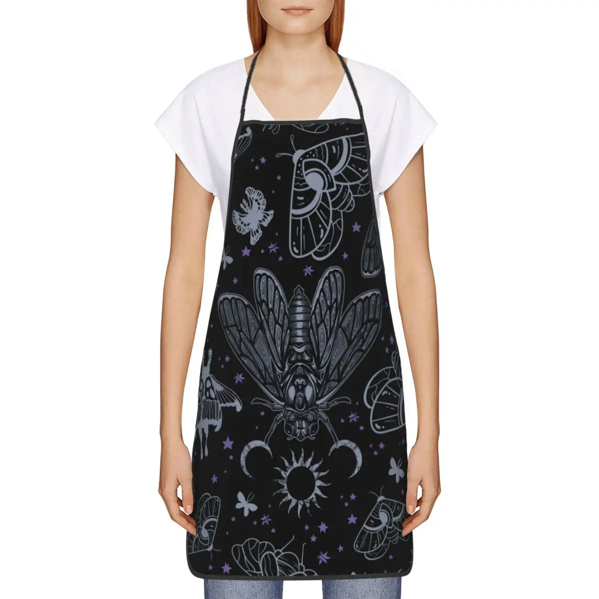 Custom Unisex Esoteric Cicada And Moth Witchy Celestial Bib Apron Chef Tablier Cuisine for Cooking Goth Sun Moon Pattern Baking