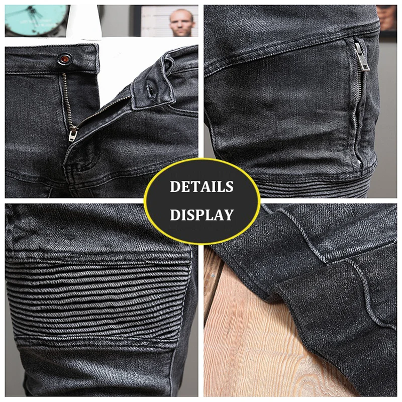 Street Fashion Men Jeans Retro Black Gray Elastic Slim Fit Spliced Designer Biker Jeans Homme Wrinkle Patch Hip Hop Pants Men