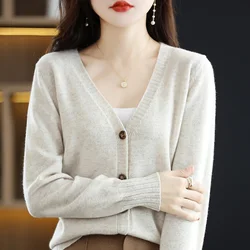 Autumn Women's Cardigan 100% Wool Knitted Sweater Chic Top Coat Causal Cardigans Full Sleeve Loose Large Size Women Shirt Spring