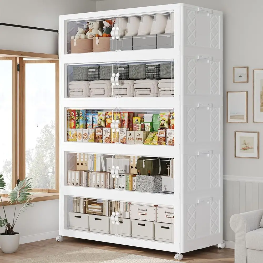 

Комплект из 5 белых штабелируемых ящиков для хранения вещей емкостью 1100 Qt с крышками и колесами для организации дома и кухни