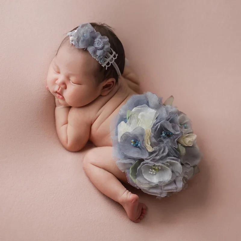 2Pcs/set Newborn Photography Clothing Outfits Headband+Round Flower Cover Baby Girl Photo Props Accessories Studio Infant Shoot