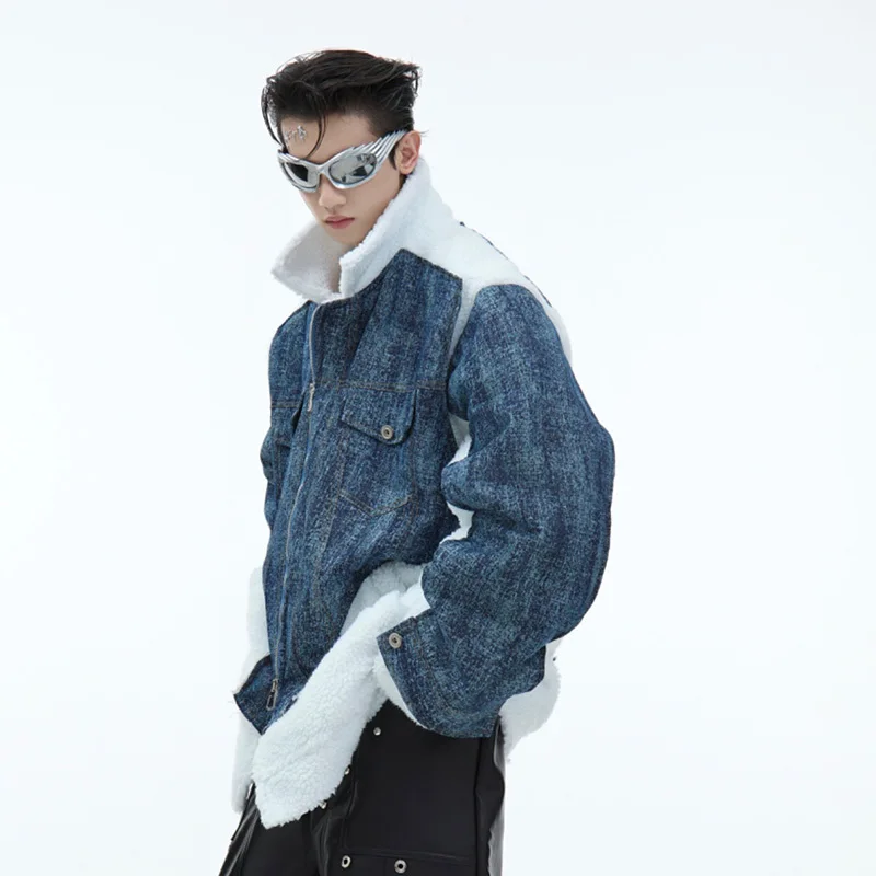 FEWQ Niche Lamb Wool Spliced Denim Fake Twopiece Jacket Thickened Plush Cotton 2024 Contrast Color Male Coat Streetwear