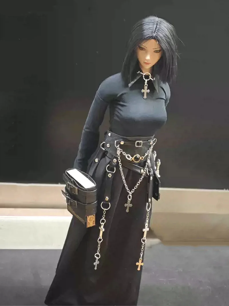 In Stock 1/6 Female Soldier Soul Series Dark Black Clothes Set with Leather Cross Chain Girdle Magic Book for 12